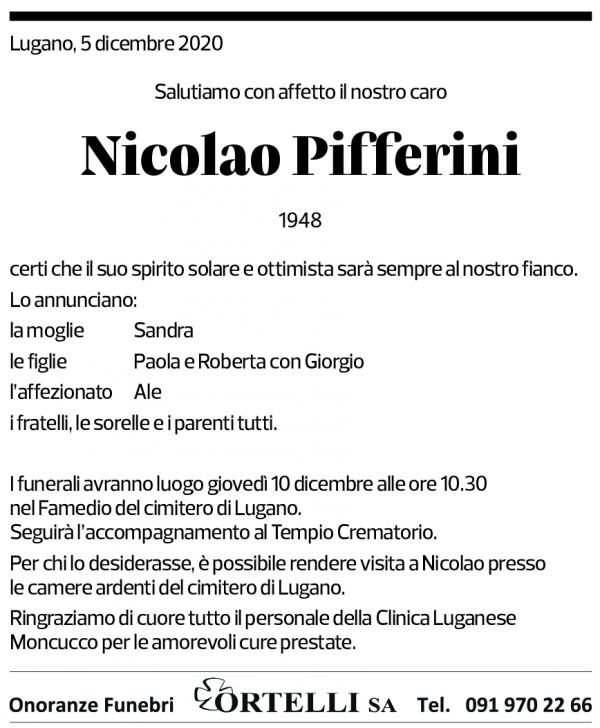 Annuncio funebre Nicolao Pifferini