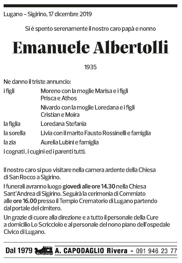 Annuncio funebre Emanuele Albertolli