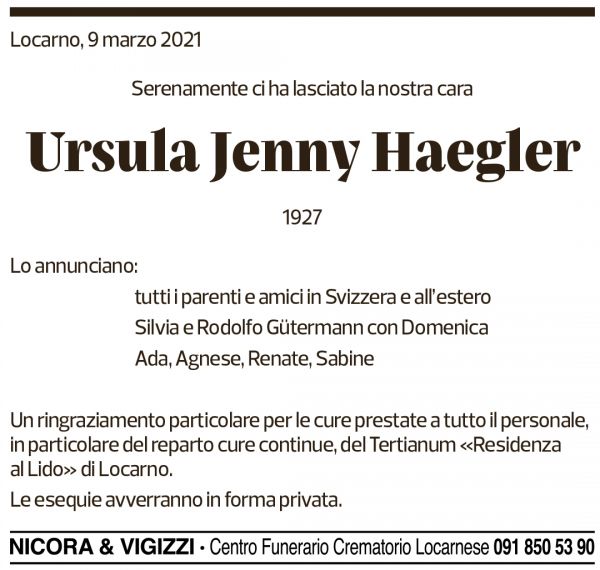 Annuncio funebre Ursula Jenny Haegler