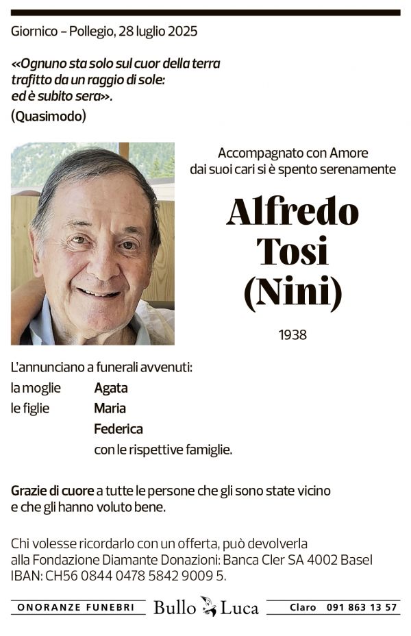 Annuncio funebre Alfredo Tosi