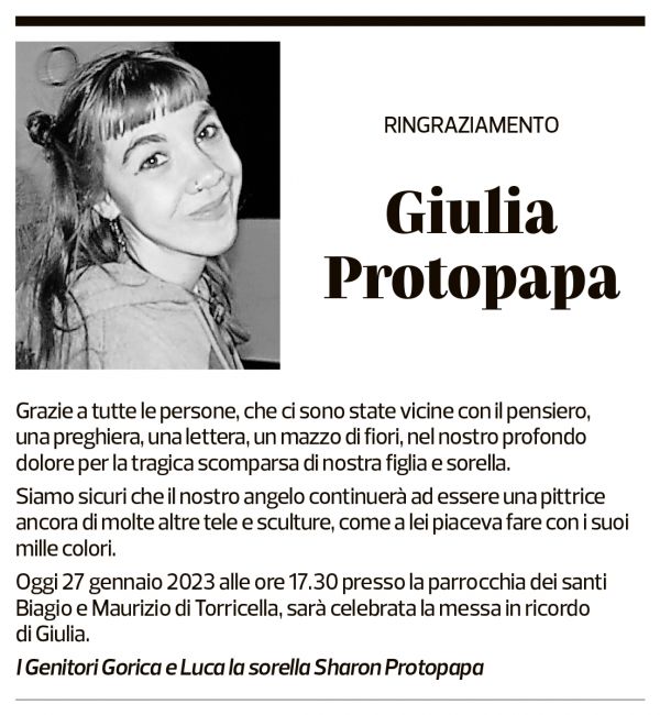 Annuncio funebre Giulia Protopapa