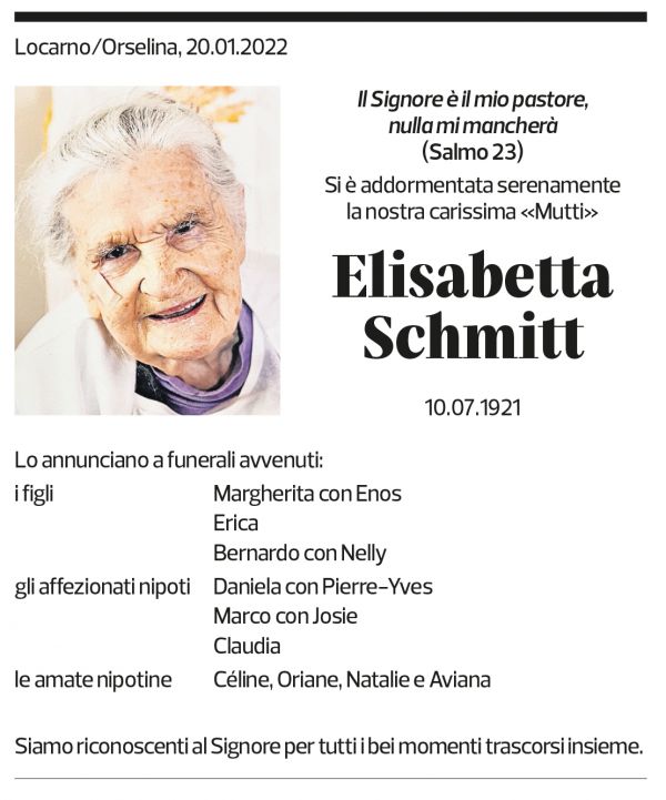 Annuncio funebre Elisabetta Schmitt