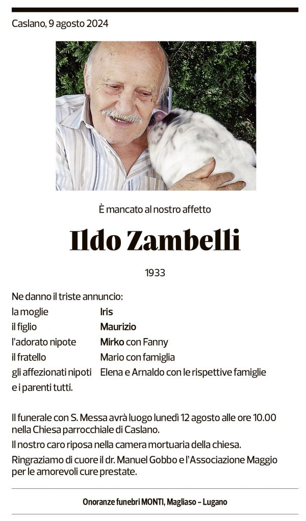 Annuncio funebre Ildo Zambelli