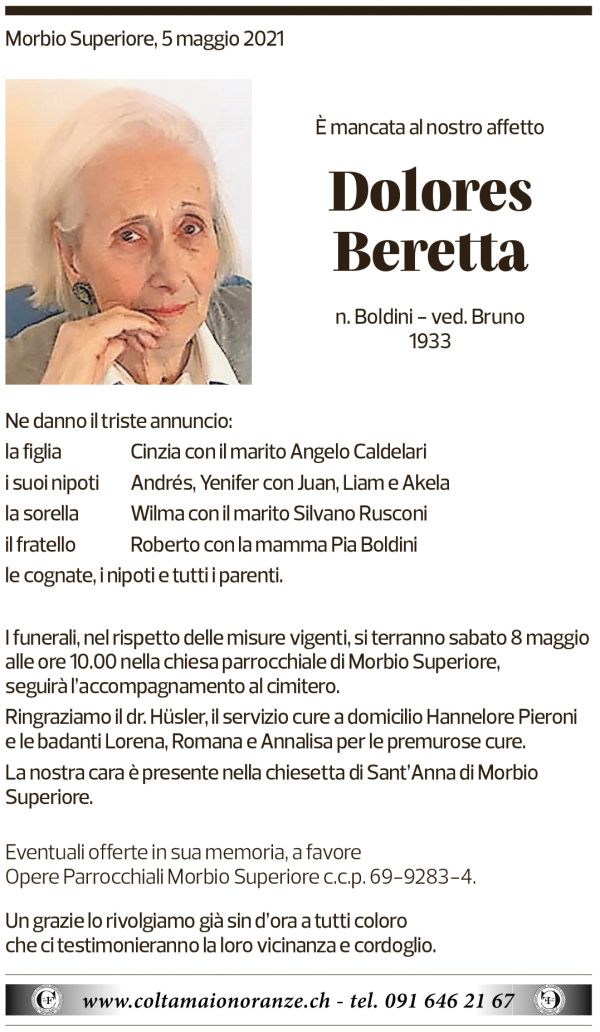 Annuncio funebre Dolores Beretta