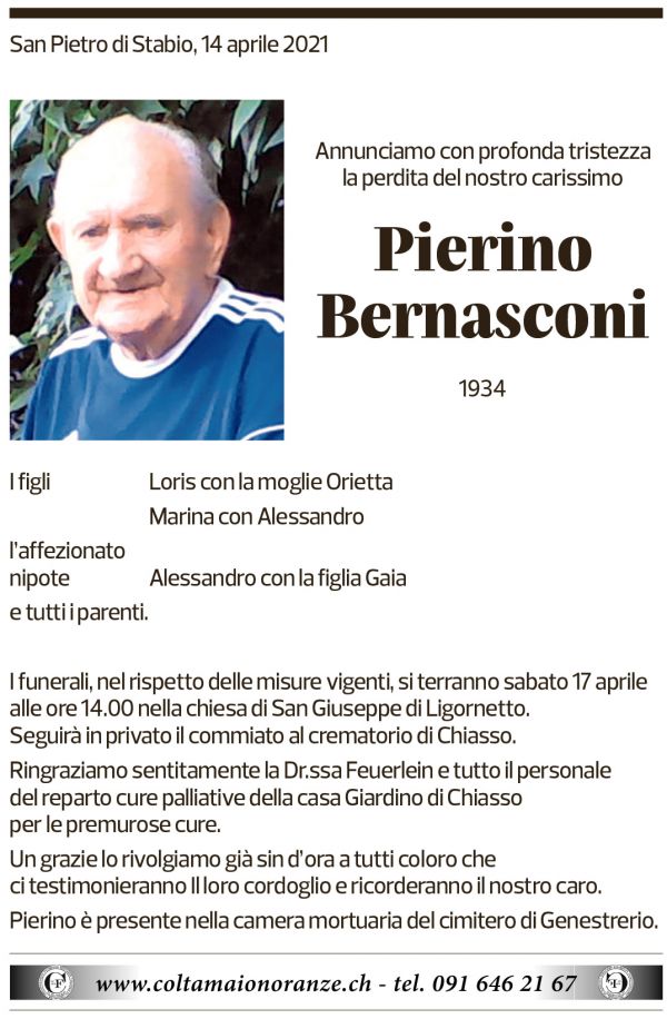 Annuncio funebre Pierino Bernasconi