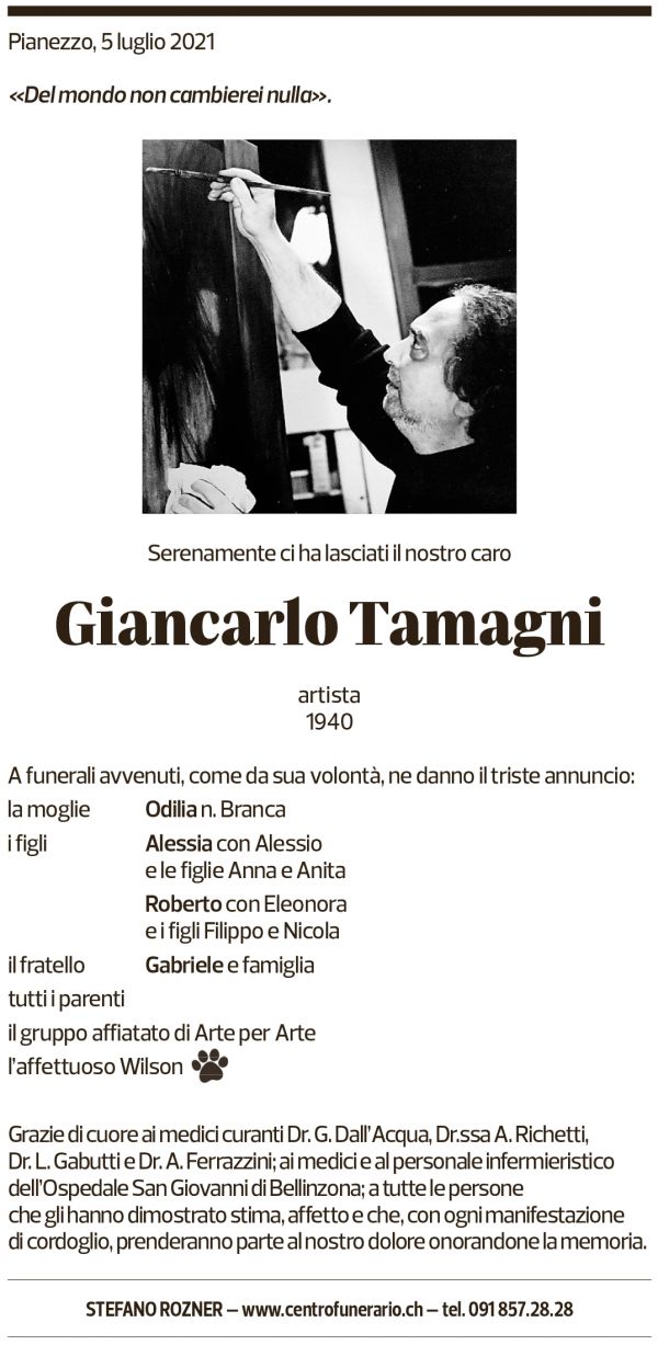 Annuncio funebre Giancarlo Tamagni