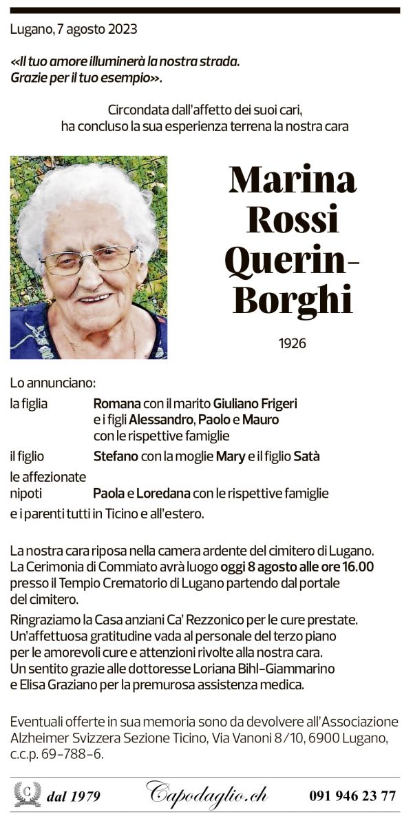 Annuncio funebre Marina Rossi Querin-borghi