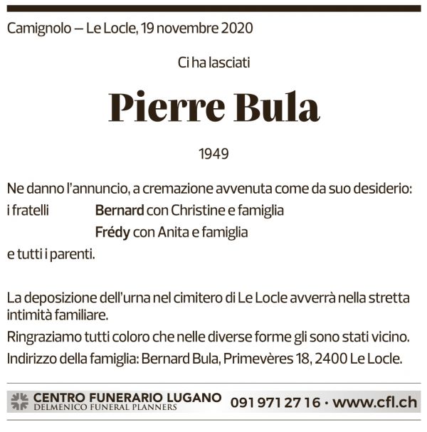 Annuncio funebre Pierre Bula