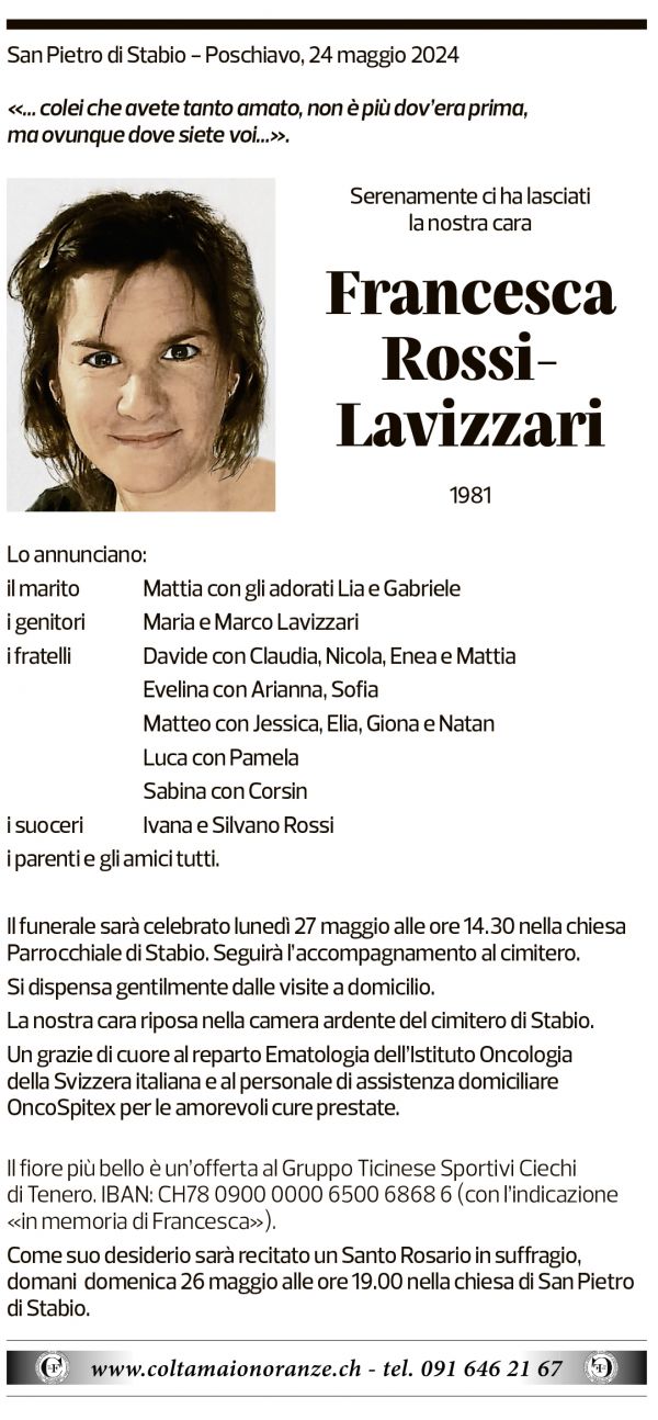 Annuncio funebre Francesca Rossi-lavizzari