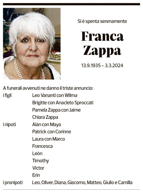 Annuncio funebre Franca Zappa