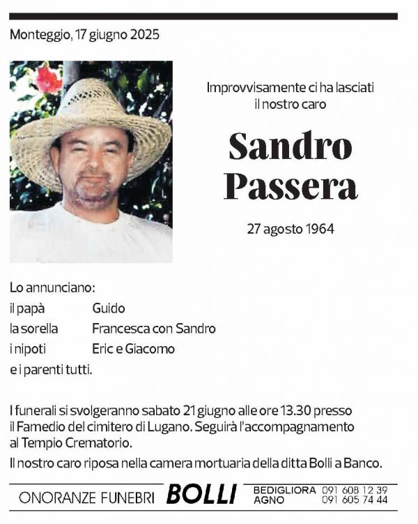 Annuncio funebre Sandro Passera