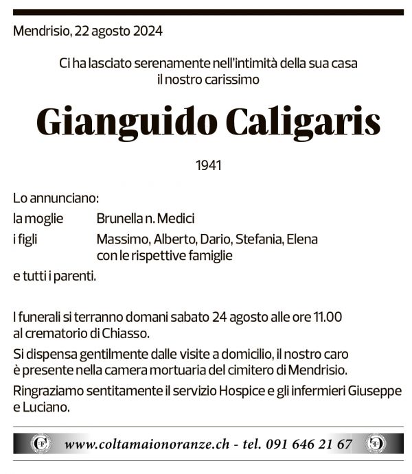 Annuncio funebre Gianguido Caligaris