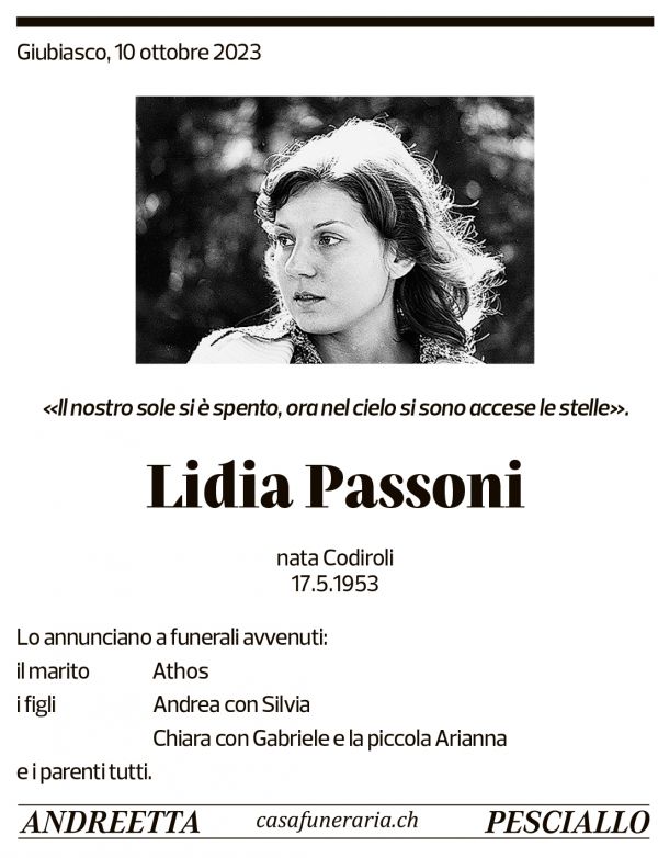 Annuncio funebre Lidia Passoni