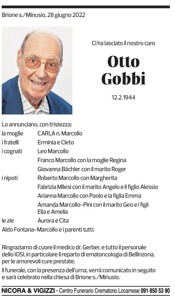 Annuncio funebre Otto Gobbi