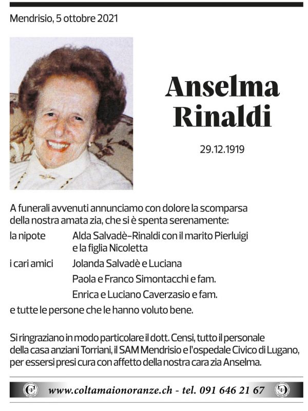 Annuncio funebre Anselma Rinaldi