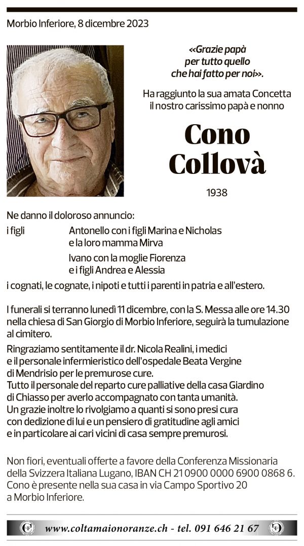 Annuncio funebre Cono Collovà