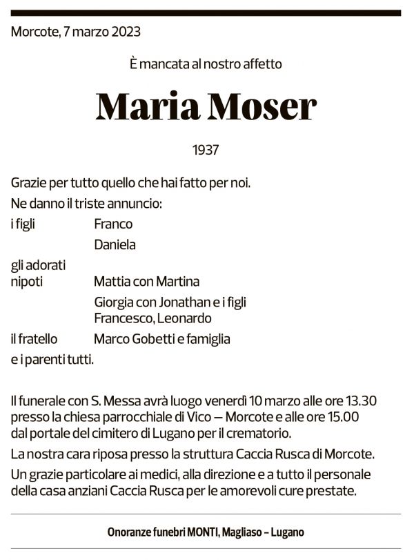 Annuncio funebre Maria Moser