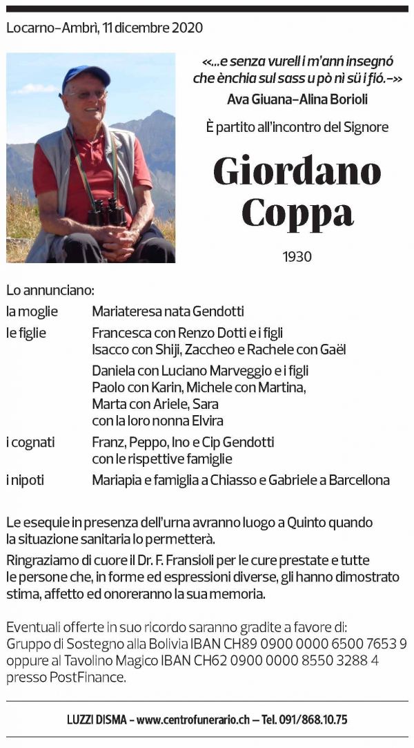 Annuncio funebre Giordano Coppa