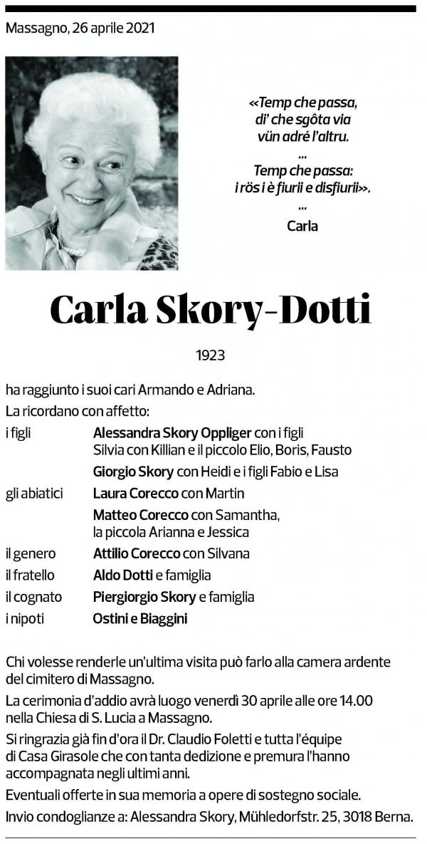 Annuncio funebre Carla Skory-dotti