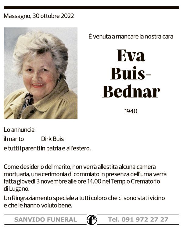 Annuncio funebre Eva Buis-bednar