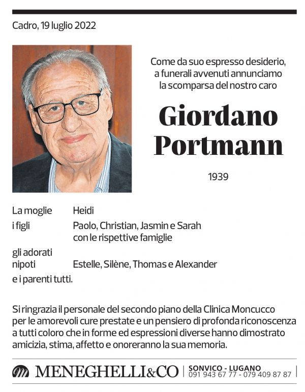 Annuncio funebre Giordano Portmann