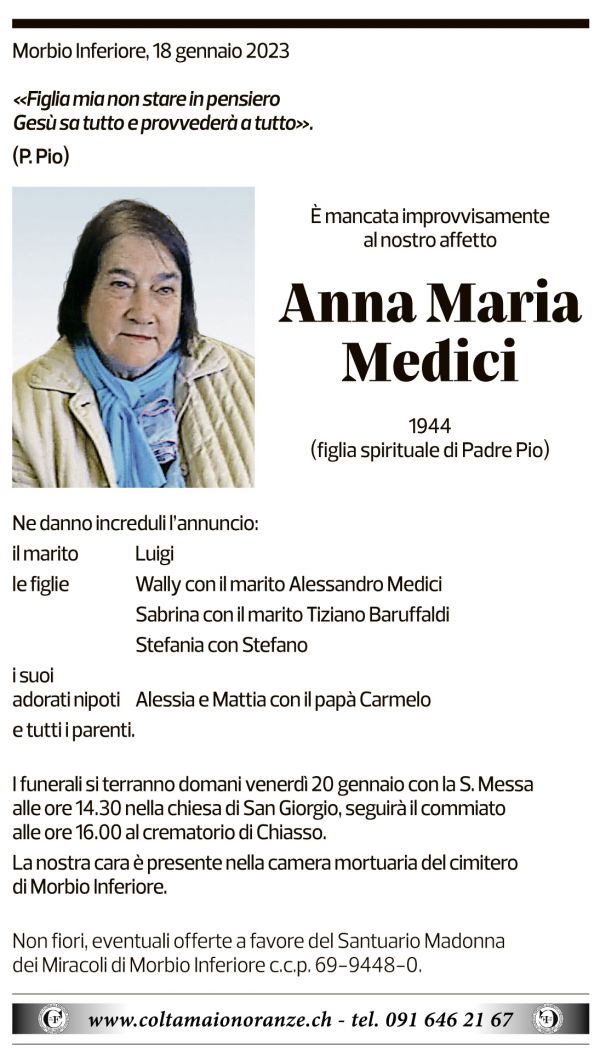 Annuncio funebre Anna Maria Medici