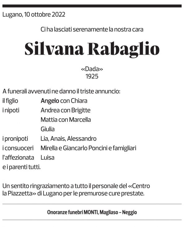 Annuncio funebre Silvana Rabaglio