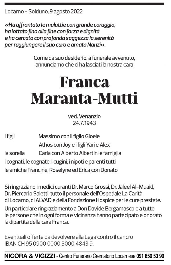 Annuncio funebre Franca Maranta-mutti