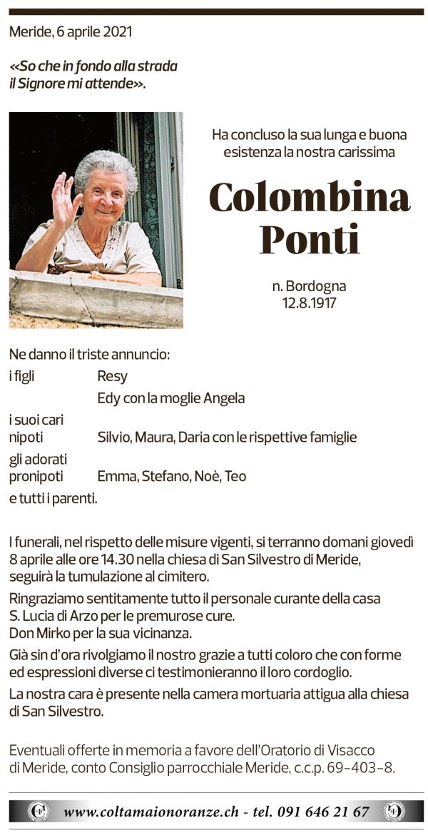 Annuncio funebre Colombina Ponti