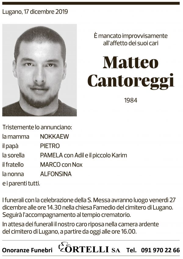 Annuncio funebre Matteo Cantoreggi