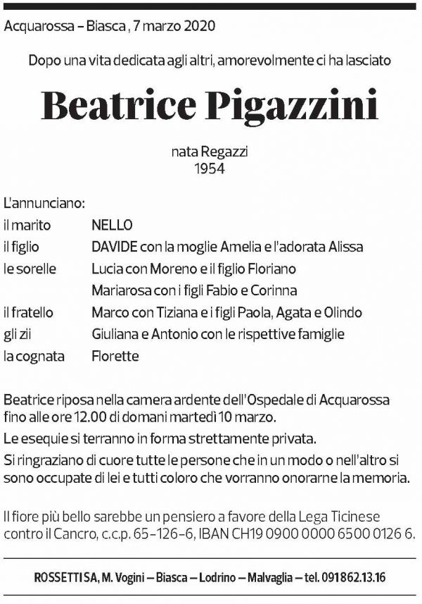 Annuncio funebre Beatrice Pigazzini