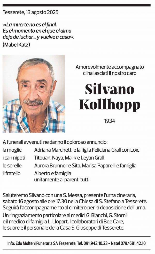 Annuncio funebre Silvano Kollhopp