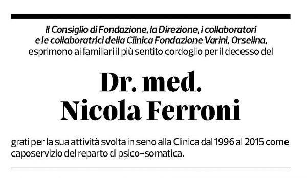 Annuncio funebre Dr. Med. Nicola Ferroni