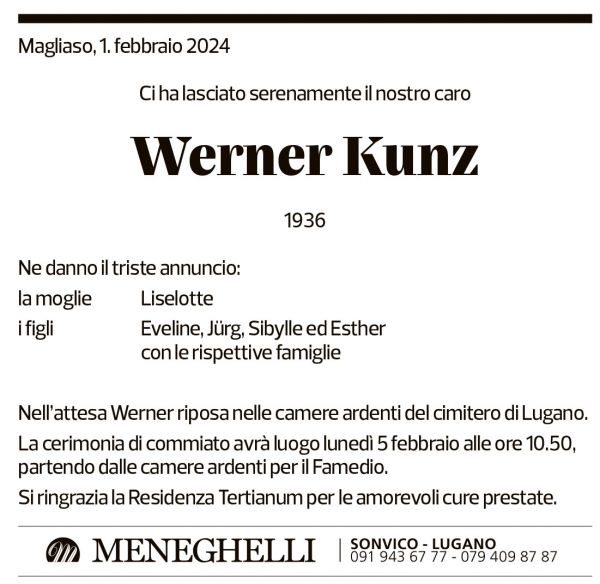 Annuncio funebre Werner Kunz