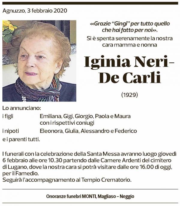 Annuncio funebre Iginia Neri-de Carli