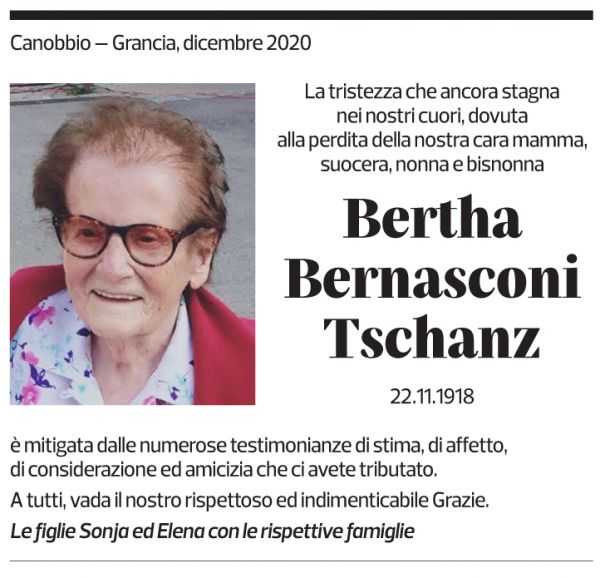 Annuncio funebre Bertha Bernasconi Tschanz