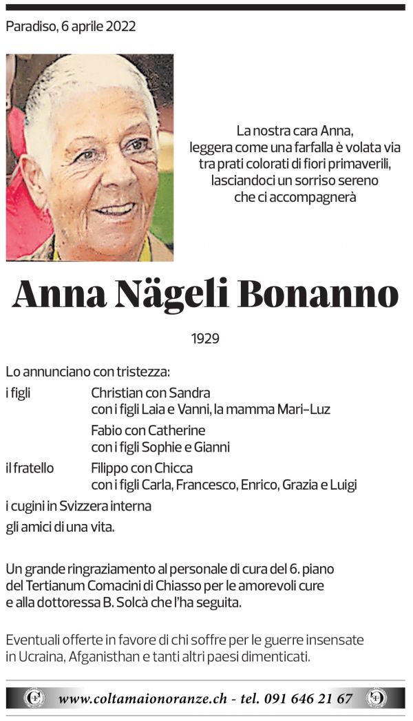 Annuncio funebre Anna Nägeli Bonanno