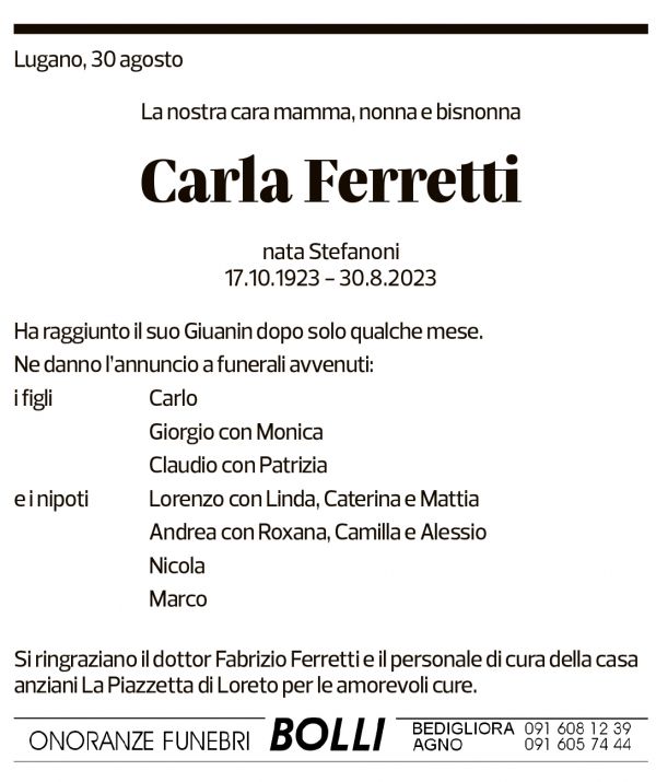 Annuncio funebre Carla Ferretti