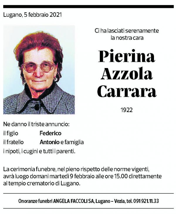 Annuncio funebre Pierina Azzola Carrara