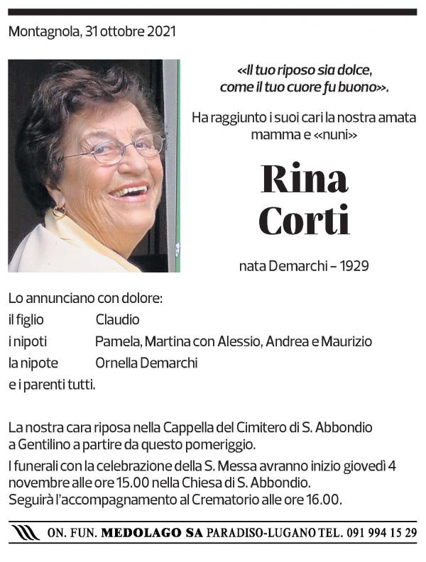 Annuncio funebre Rina Corti