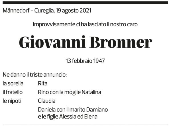 Annuncio funebre Giovanni Bronner