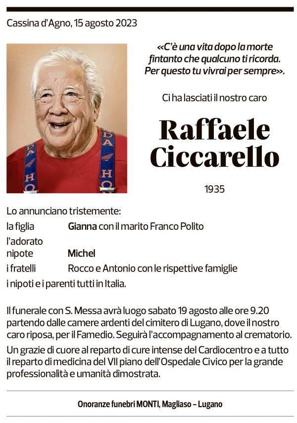 Annuncio funebre Raffaele Ciccarello