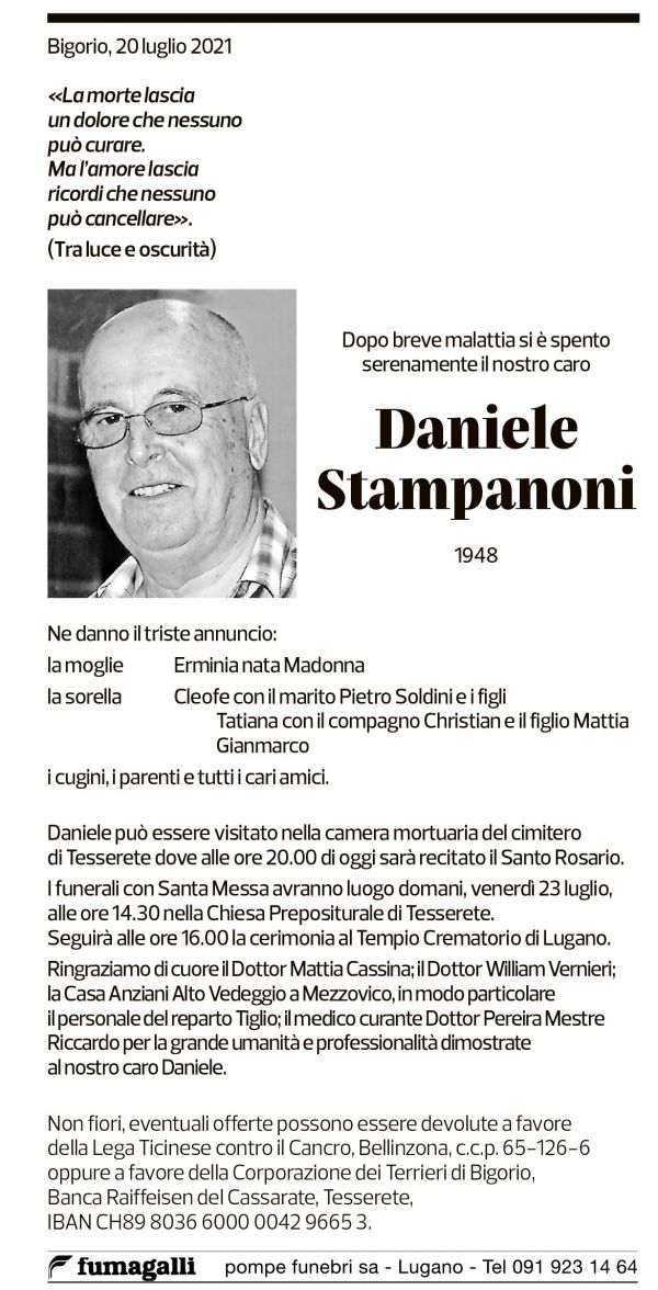 Annuncio funebre Daniele Stampanoni