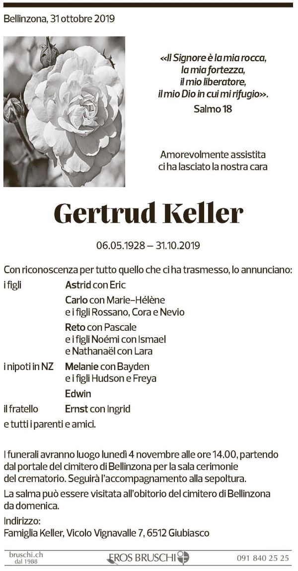 Annuncio funebre Gertrud Keller