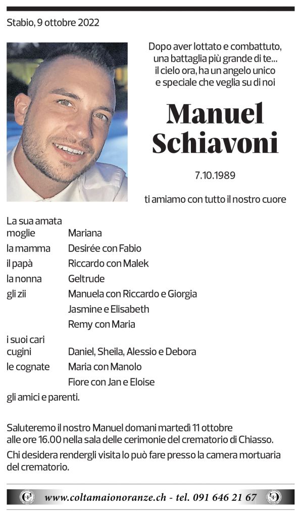 Annuncio funebre Manuel Schiavoni