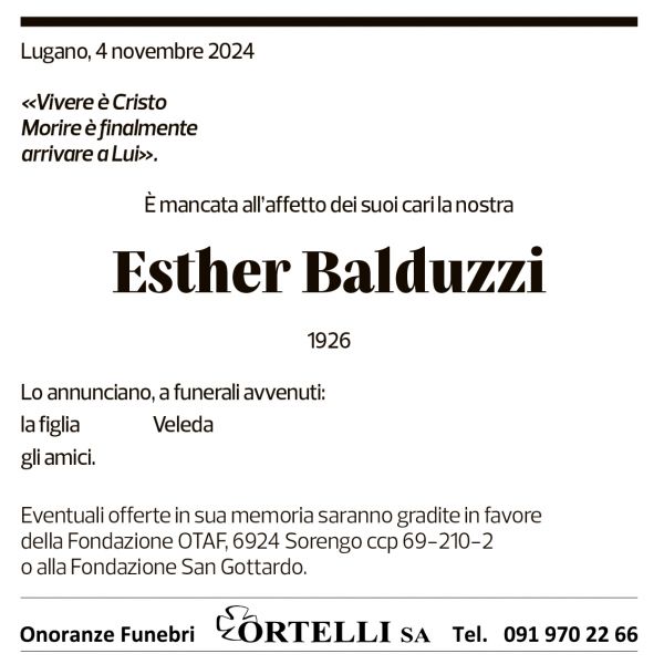 Annuncio funebre Esther Balduzzi