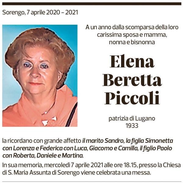 Annuncio funebre Elena Beretta Piccoli