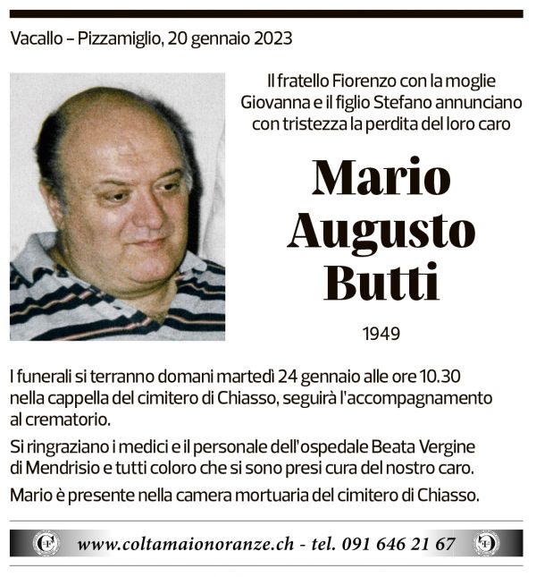 Annuncio funebre Mario Augusto Butti