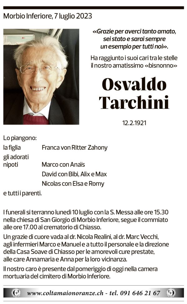 Annuncio funebre Osvaldo Tarchini