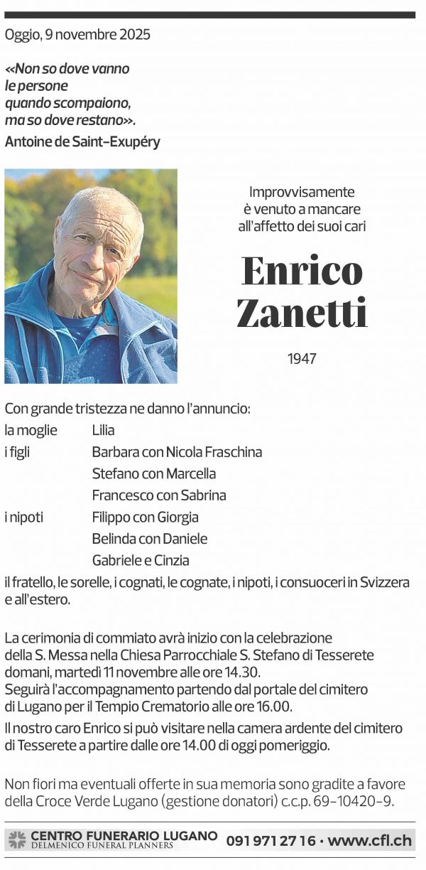 Annuncio funebre Enrico Zanetti